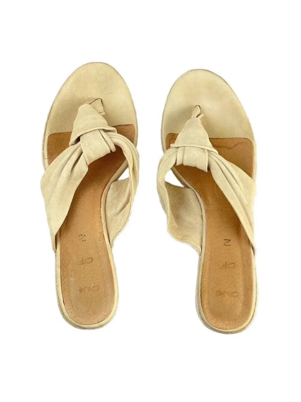 One of Two TPU SOLE Platform Wedge Thongs Leather-Linen Ivory Women Eu 38 US 7